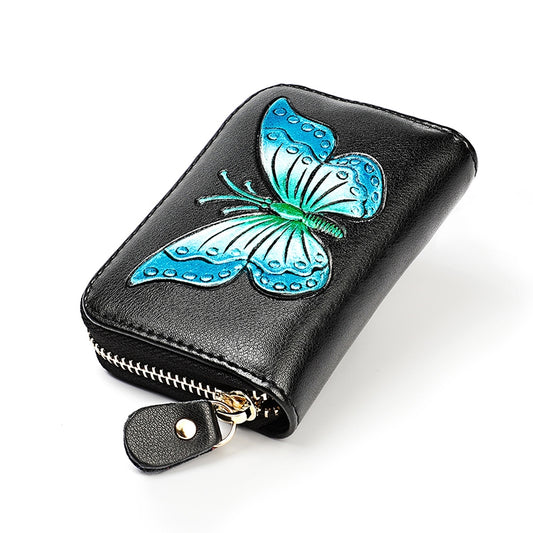 KB152 Butterfly Pattern Zipper Cowhide Leather Organ Shape Multiple Card Slots Anti-magnetic RFID Wallet for Ladies(Blue) by bashfashion