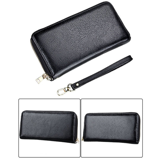 Genuine Cowhide Leather Litchi Texture Zipper Long Style Card Holder Wallet RFID Blocking Coin Purse Card Bag Protect Case with Hand Strap for Women, Size: 20*10.5*3cm(Black) by bashfashion