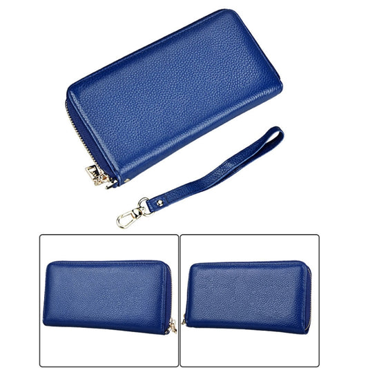 Genuine Cowhide Leather Litchi Texture Zipper Long Style Card Holder Wallet RFID Blocking Coin Purse Card Bag Protect Case with Hand Strap for Women, Size: 20*10.5*3cm(Blue) by bashfashion