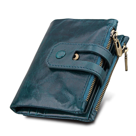 Genuine Cowhide Leather Crazy Horse Texture Zipper 3-folding Card Holder Wallet RFID Blocking Coin Purse Card Bag Protect Case for Men, Size: 12*9.5*3.5cm(Blue) by bashfashion