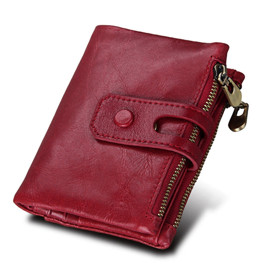 Genuine Cowhide Leather Crazy Horse Texture Zipper 3-folding Card Holder Wallet RFID Blocking Coin Purse Card Bag Protect Case for Men, Size: 12*9.5*3.5cm(Red) by bashfashion