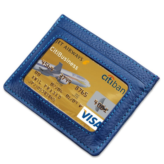 Cowhide Leather Litchi Texture Open Type Solid Color Card Holder RFID Blocking Card Bag Protective Case(Dark Blue) by bashfashion
