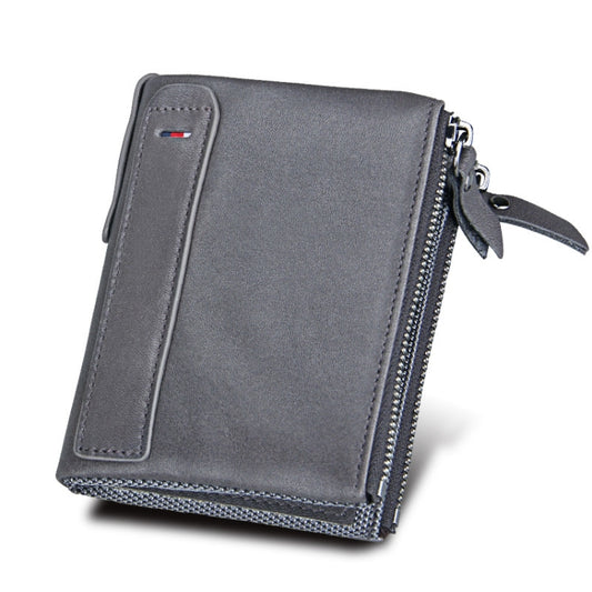 Genuine Cowhide Leather Crazy Horse Texture Dual Zipper Short Style Card Holder Wallet RFID Blocking Card Bag Protect Case for Men, Size: 12.1*9.4*2.7cm(Grey) by bashfashion