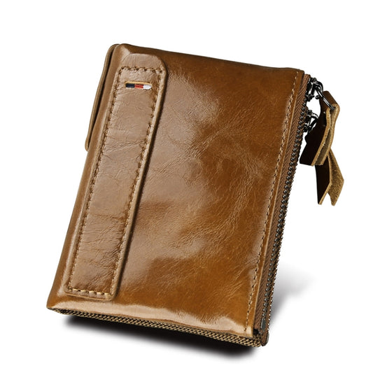 Genuine Cowhide Leather Crazy Horse Texture Dual Zipper Short Style Card Holder Wallet RFID Blocking Card Bag Protect Case for Men, Size: 12.1*9.4*2.7cm by bashfashion