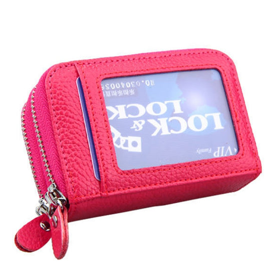 Genuine Leather Dual Layer Zipper Card Holder Wallet RFID Blocking Purse, Size: 10.5x7.0x4.0cm(Magenta) by bashfashion
