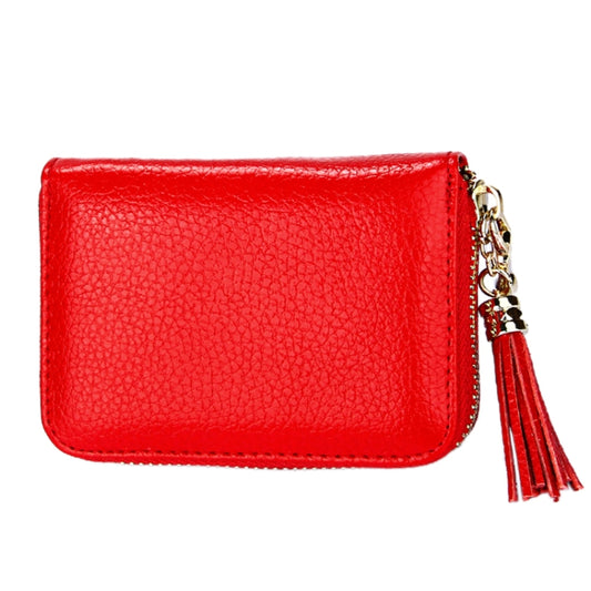 Genuine Cowhide Leather Solid Color Zipper Card Holder Wallet RFID Blocking Card Bag Protect Case Coin Purse with Tassel Pendant & 15 Card Slots for Women, Size: 11.1*7.6*3.5cm(Red) by bashfashion