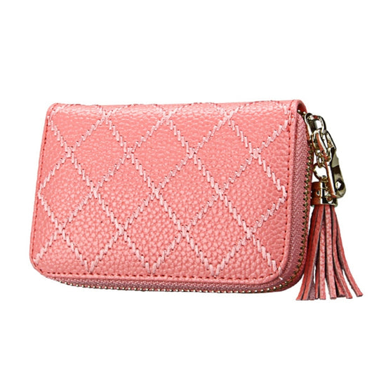 Genuine Cowhide Leather Grid Texture Zipper Card Holder Wallet RFID Blocking Card Bag Protect Case Coin Purse with Tassel Pendant & 15 Card Slots for Women, Size: 11.1*7.9*3.5cm(Pink) by bashfashion