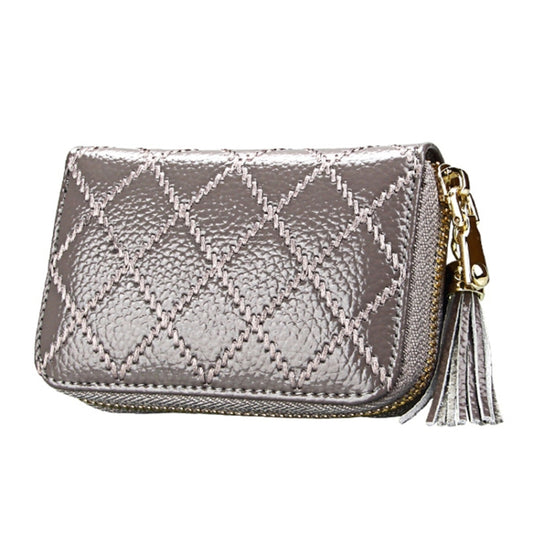Genuine Cowhide Leather Grid Texture Zipper Card Holder Wallet RFID Blocking Card Bag Protect Case Coin Purse with Tassel Pendant & 15 Card Slots for Women, Size: 11.1*7.9*3.5cm(Grey) by bashfashion