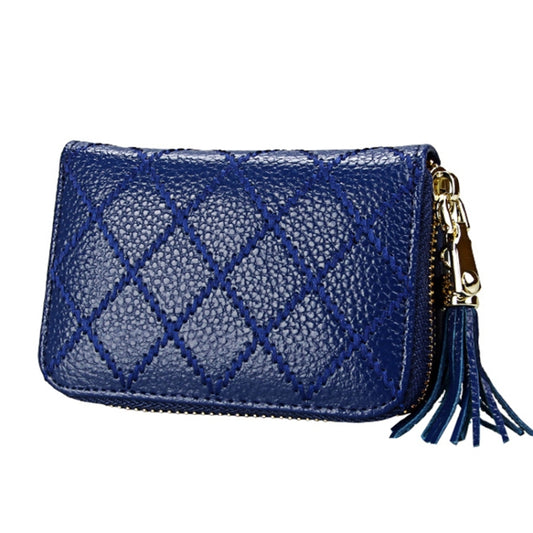 Genuine Cowhide Leather Grid Texture Zipper Card Holder Wallet RFID Blocking Card Bag Protect Case Coin Purse with Tassel Pendant & 15 Card Slots for Women, Size: 11.1*7.9*3.5cm(Blue) by bashfashion