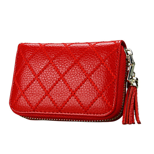 Genuine Cowhide Leather Grid Texture Zipper Card Holder Wallet RFID Blocking Card Bag Protect Case Coin Purse with Tassel Pendant & 15 Card Slots for Women, Size: 11.1*7.9*3.5cm(Red) by bashfashion
