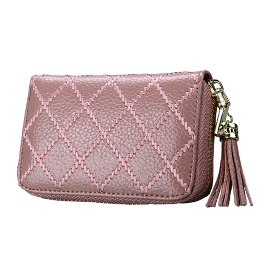 Genuine Cowhide Leather Grid Texture Zipper Card Holder Wallet RFID Blocking Card Bag Protect Case Coin Purse with Tassel Pendant & 15 Card Slots for Women, Size: 11.1*7.9*3.5cm by bashfashion