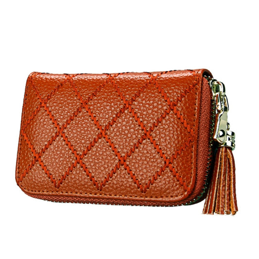 Genuine Cowhide Leather Grid Texture Zipper Card Holder Wallet RFID Blocking Card Bag Protect Case Coin Purse with Tassel Pendant & 15 Card Slots for Women, Size: 11.1*7.9*3.5cm(Brown) by bashfashion