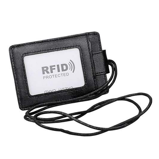 KB153 Antimagnetic RFID Leather Card Holder ID Card Badge with Lanyard(Black) by bashfashion