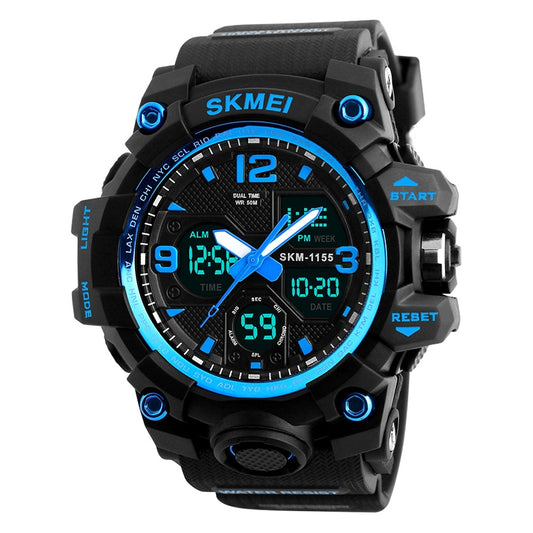 SKMEI 1155B Multifunctional Men Outdoor Sports Noctilucent Waterproof Large Dial Wrist Watch(Blue) by SKMEI
