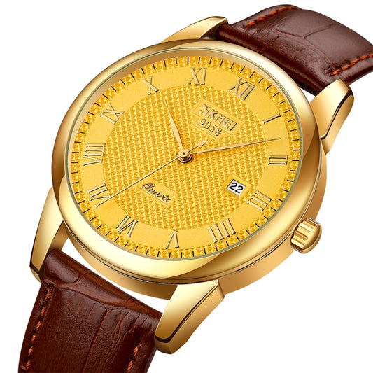 SKMEI 9058 Multifunctional Outdoor Fashion Waterproof Gold Shell Quartz Wrist Watch(Men Style Gold Face Brown Strap) by SKMEI
