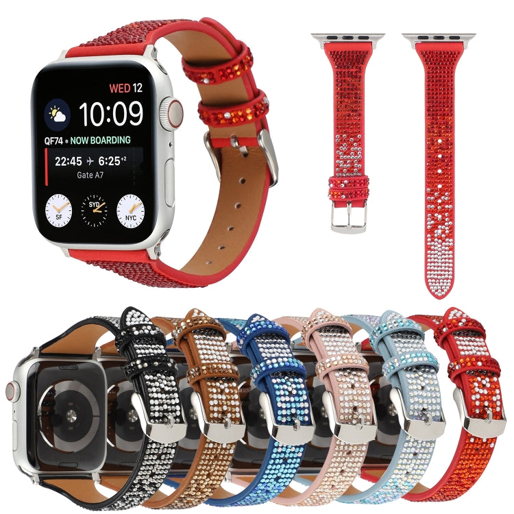 T-shaped Small Waist Flashing Diamond Genuine Leather Watch Band Watch Band For Apple Watch Series 9&8&7 41mm / SE 3&SE 2&6&SE&5&4 40mm / 3&2&1 38mm(Red) by bashfashion