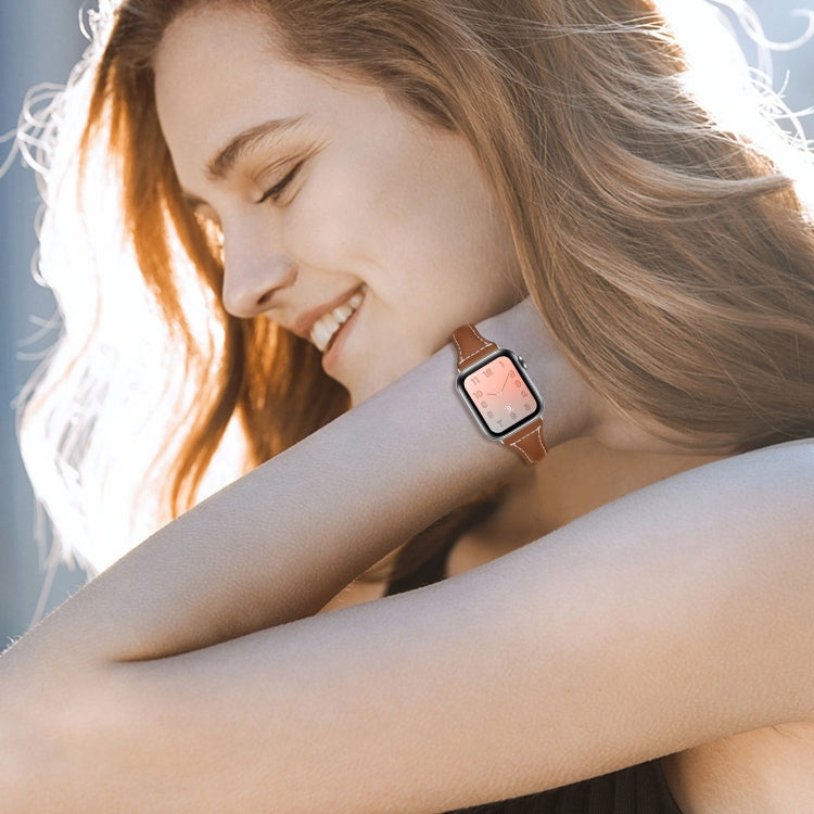 Three-color T-shape Leather Watch Band For Apple Watch Series 9&8&7 41mm / SE 3&SE 2&6&SE&5&4 40mm / 3&2&1 38mm(Coffee Brown+Brown) by bashfashion