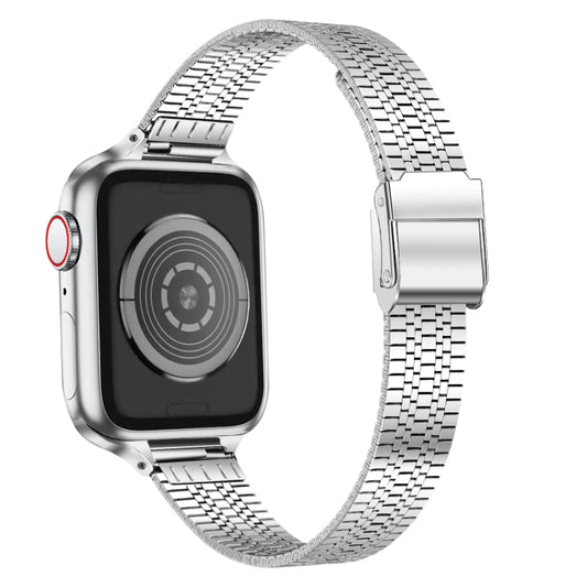 14mm Seven-beads Double Safety Buckle Slim Steel Watch Band For Apple Watch Series 9&8&7 41mm / SE 3&SE 2&6&SE&5&4 40mm / 3&2&1 38mm(Silver) by bashfashion