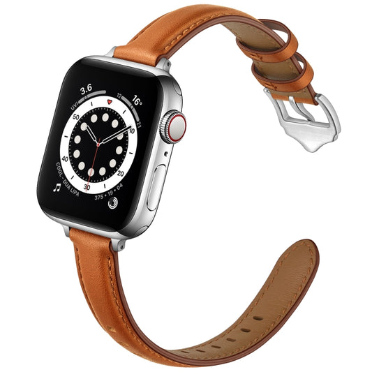 Business Style Leather Watch Band For Apple Watch Series 9&8&7 41mm / SE 3&SE 2&6&SE&5&4 40mm / 3&2&1 38mm(Brown Silver Buckle) by bashfashion