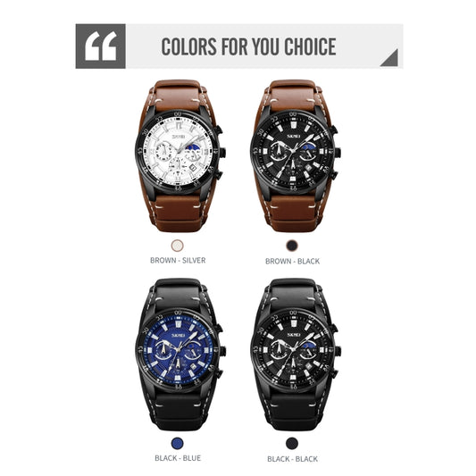 SKMEI 9249 Men Moonphase Calendar Stopwatch Leather Strap Quartz Watch(Brown Silver) by SKMEI