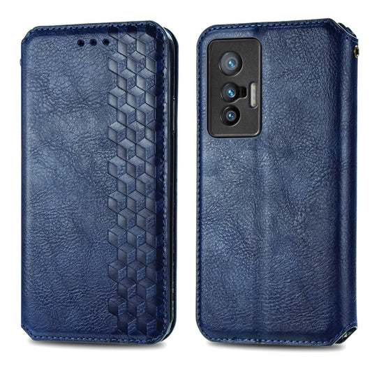 For vivo X70 Cubic Grid Pressed Horizontal Flip Magnetic Leather Phone Case with Holder & Card Slots & Wallet(Blue) by bashfashion