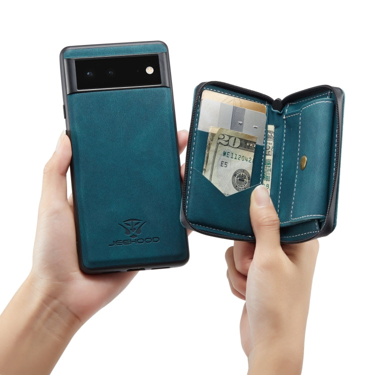 For Google Pixel 6 JEEHOOD Magnetic Zipper Horizontal Flip Phone Leather Case(Blue) by JEEHOOD