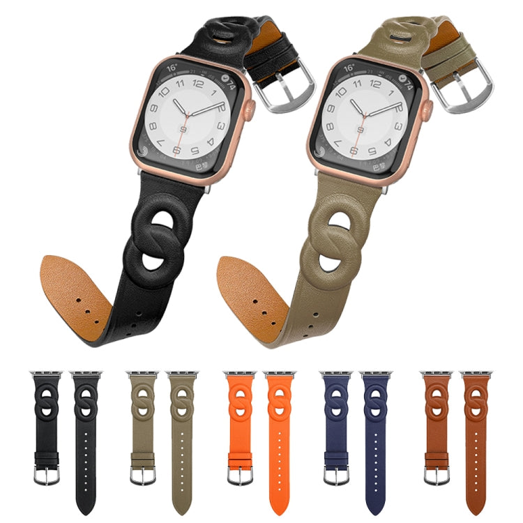 Double Rings Genuine Leather Watch Band For Apple Watch Series 9&8&7 41mm / SE 3&SE 2&6&SE&5&4 40mm / 3&2&1 38mm(Blue) by bashfashion