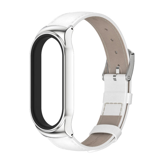 For Xiaomi Mi Band 7 / 7 NFC MIJOBS CS Metal Case Genuine Leather Top Layer Cowhide Watch Band(White Silver) by MIJOBS