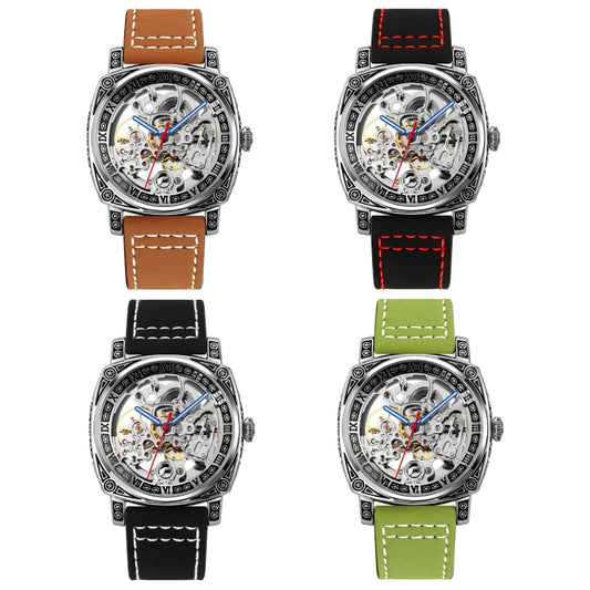 SKMEI 9271 Stainless Steel Buckle Leather Strap Waterproof Mechanical Watch(Red) by SKMEI