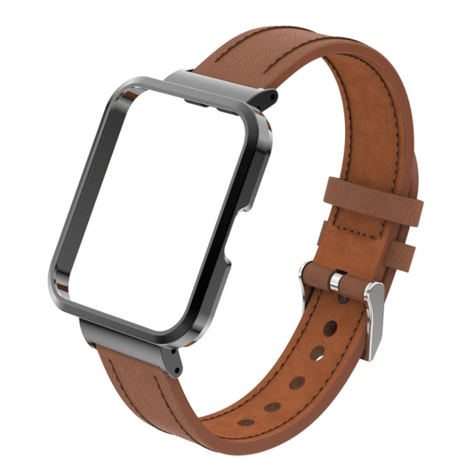 For Xiaomi Redmi Watch 2 Lite Genuine Leather Metal Case Integrated Watch Band(Brown) by bashfashion