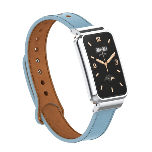 For Xiaomi Mi Band 7 Pro Double Stud Leather Metal Frame Watch Band(Cold Blue) by bashfashion