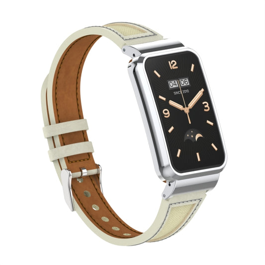 For Xiaomi Mi Band 7 Pro Collage Small Waist Leather Metal Frame Watch Band(Warm White) by bashfashion