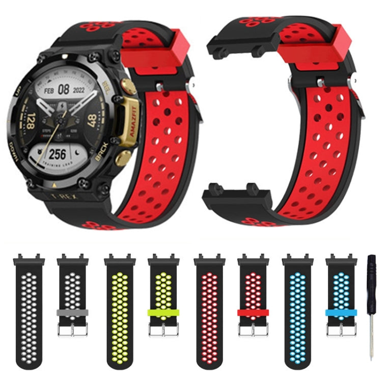 For Amazfit T-Rex 2 3-Row Holes Two-color Silicone Watch Band(Black Red) by bashfashion