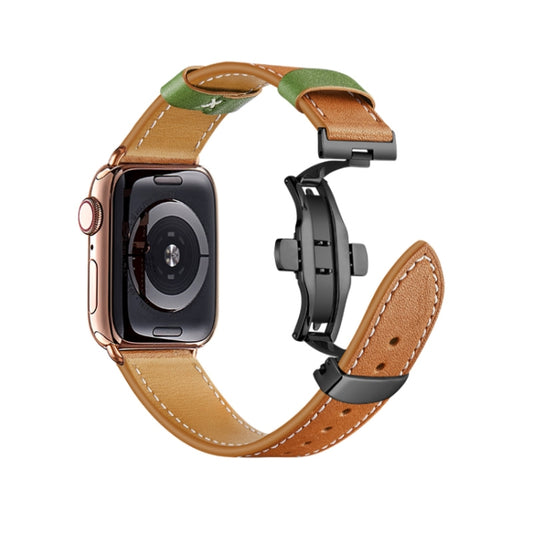 Butterfly Buckle Genuine Leather Watch Band For Apple Watch Ultra 49mm&Watch Ultra 2 49mm / Series 9&8&7 45mm / SE 3&SE 2&6&SE&5&4 44mm / 3&2&1 42mm(Brown-Green+Black Buckle) by bashfashion