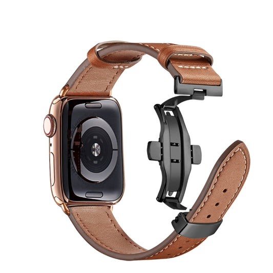 Butterfly Buckle Genuine Leather Watch Band For Apple Watch Ultra 49mm&Watch Ultra 2 49mm / Series 9&8&7 45mm / SE 3&SE 2&6&SE&5&4 44mm / 3&2&1 42mm(Brown+Black Buckle) by bashfashion