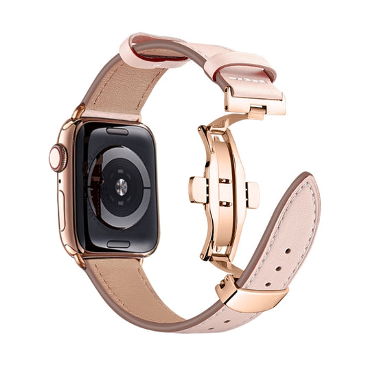 Butterfly Buckle Genuine Leather Watch Band For Apple Watch Ultra 49mm&Watch Ultra 2 49mm / Series 9&8&7 45mm / SE 3&SE 2&6&SE&5&4 44mm / 3&2&1 42mm(Light Pink+Rose Gold Buckle) by bashfashion