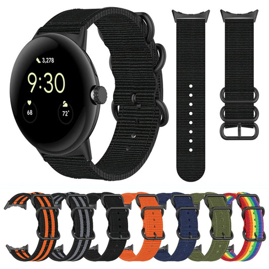 For Google Pixel Watch Three-ring Black Buckle Nylon Watch Band(Rainbow) by bashfashion