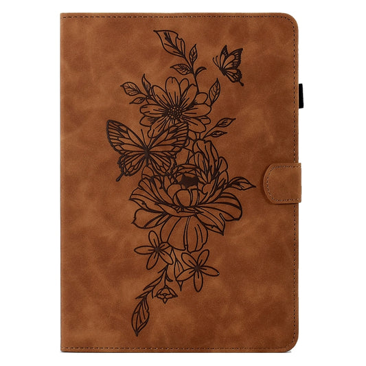 For Samsung Galaxy Tab A8 10.5 2021 X205 Peony Butterfly Embossed Leather Smart Tablet Case(Brown) by bashfashion