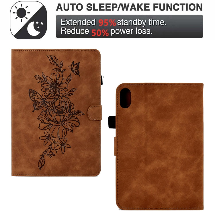 For Lenovo Tab P11 Peony Butterfly Embossed Leather Smart Tablet Case(Brown) by bashfashion