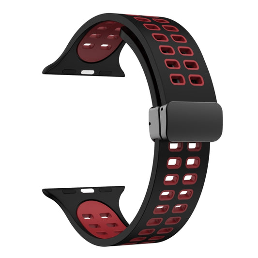Magnetic Fold Clasp Square Holes Silicone Watch Band For Apple Watch Series 9&8&7 41mm / SE 3&SE 2&6&SE&5&4 40mm / 3&2&1 38mm(Black Red) by bashfashion