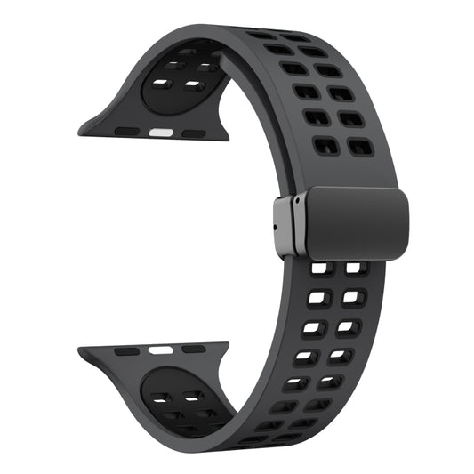 Magnetic Fold Clasp Square Holes Silicone Watch Band For Apple Watch Series 9&8&7 41mm / SE 3&SE 2&6&SE&5&4 40mm / 3&2&1 38mm(Coal Black) by bashfashion