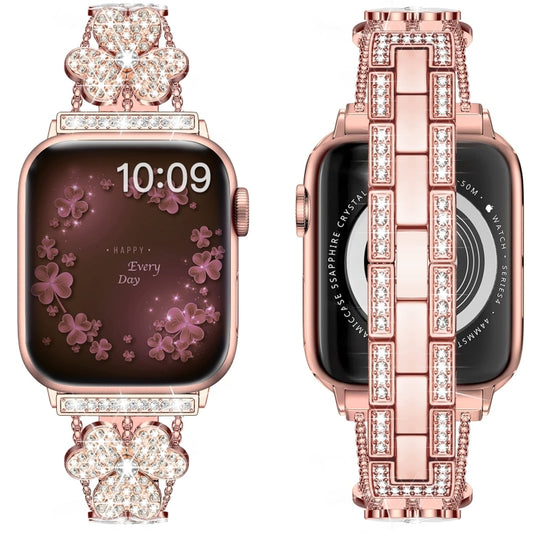 3-Leaf Clover Diamond Watch Band For Apple Watch Ultra 49mm&Watch Ultra 2 49mm / Series 9&8&7 45mm / SE 3&SE 2&6&SE&5&4 44mm / 3&2&1 42mm(Rose Gold) by bashfashion