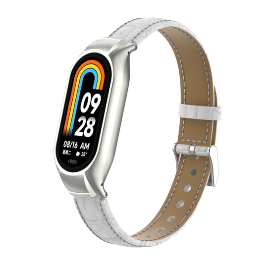 For Xiaomi Mi Band 8 Integrated Metal Case + Cocodile Texture Leather Watch Band(White) by bashfashion