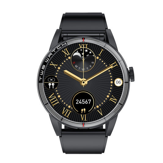 R6 1.32 inch Round Screen 2 in 1 Bluetooth Earphone Smart Watch, Support Bluetooth Call / Health Monitoring(Black Silicone Strap) by bashfashion