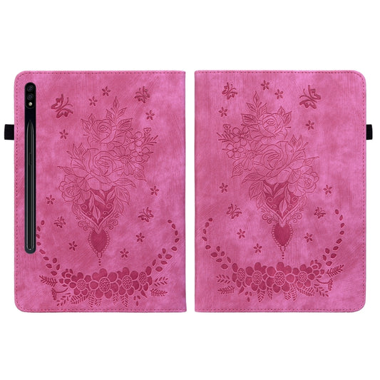 For Samsung Galaxy Tab S8+ / S7+ / S7 FE Butterfly Rose Embossed Leather Tablet Case(Rose Red) by bashfashion
