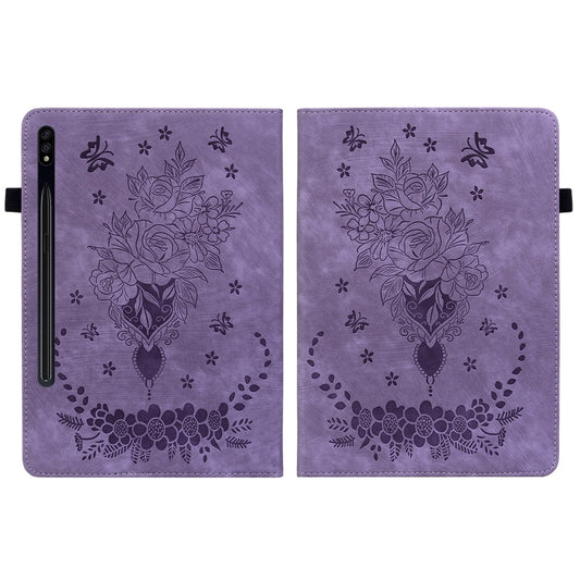 For Samsung Galaxy Tab S9 Butterfly Rose Embossed Leather Tablet Case(Purple) by bashfashion