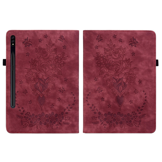 For Samsung Galaxy Tab S9 Butterfly Rose Embossed Leather Tablet Case(Red) by bashfashion