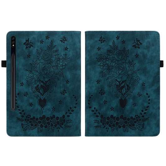 For Samsung Galaxy Tab S9 Butterfly Rose Embossed Leather Tablet Case(Dark Blue) by bashfashion