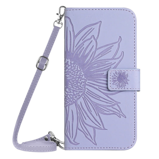For iPhone 16e Skin Feel Sun Flower Embossed Flip Leather Phone Case with Lanyard(Purple) by bashfashion