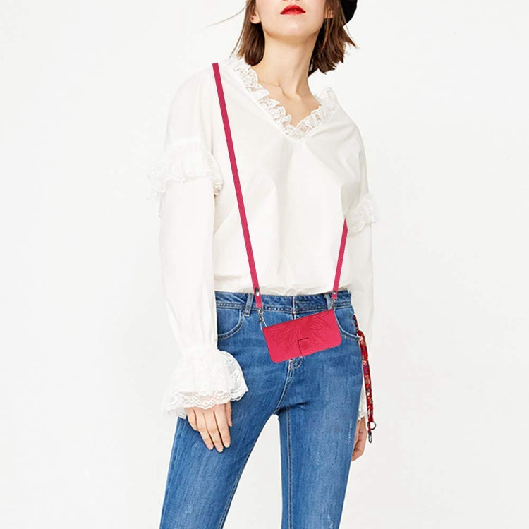 For iPhone 16e Skin Feel Sun Flower Embossed Flip Leather Phone Case with Lanyard(Rose Red) by bashfashion